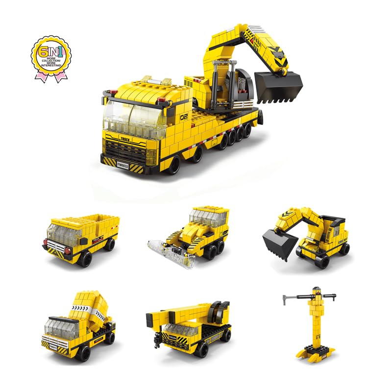 SKY LINE OCEAN 6-in-1 Construction Truck Building Block Set (1000+ Pcs) Toys  STEAM Kit for Kids  Excavators, Dump Trucks