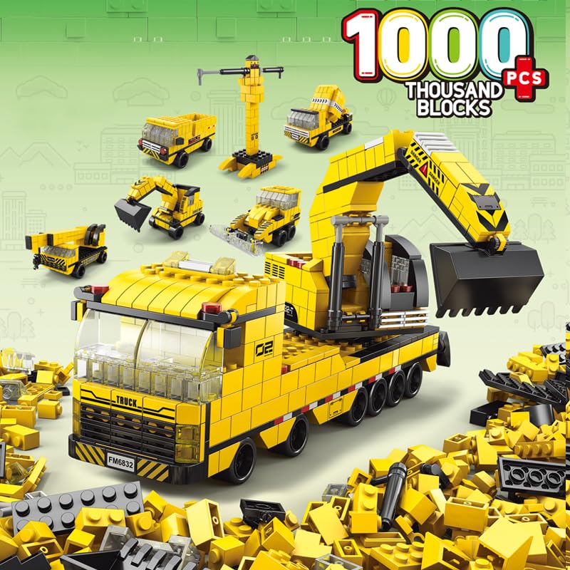 SKY LINE OCEAN 6-in-1 Construction Truck Building Block Set (1000+ Pcs) Toys  STEAM Kit for Kids  Excavators, Dump Trucks
