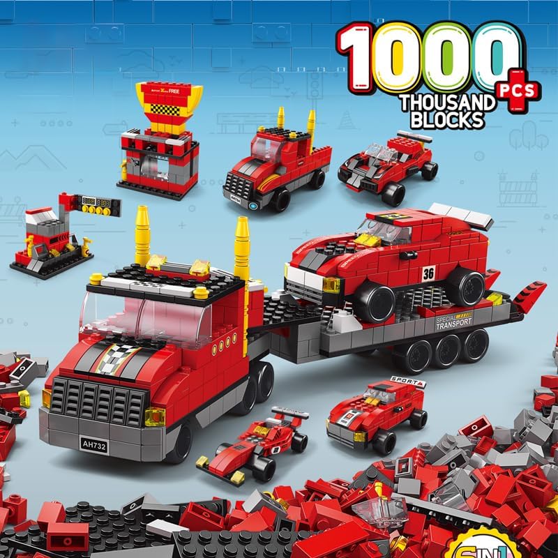 SKY LINE OCEAN 6-in-1 Truck Building Block Set (1000+ Pieces)  STEAM Construction Vehicle Kit for Kids  Build Transport Trucks, Loaders & Heavy Duty Vehicles