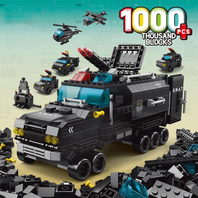 SKY LINE OCEAN 6-in-1 SWAT Truck Building Block Set (1000+ Pcs) STEAM Kit for Kids  Build Armored Trucks & Tactical Vehicles.