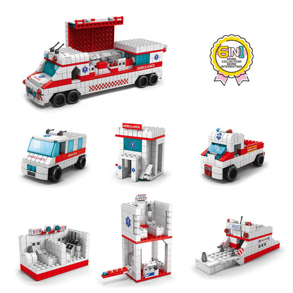 SKY LINE OCEAN 6-in-1 Ambulance Building Block Set (1000+ Pcs) Toys STEM Kit for Kids  Build Rescue Ambulances & Emergency Vehicles