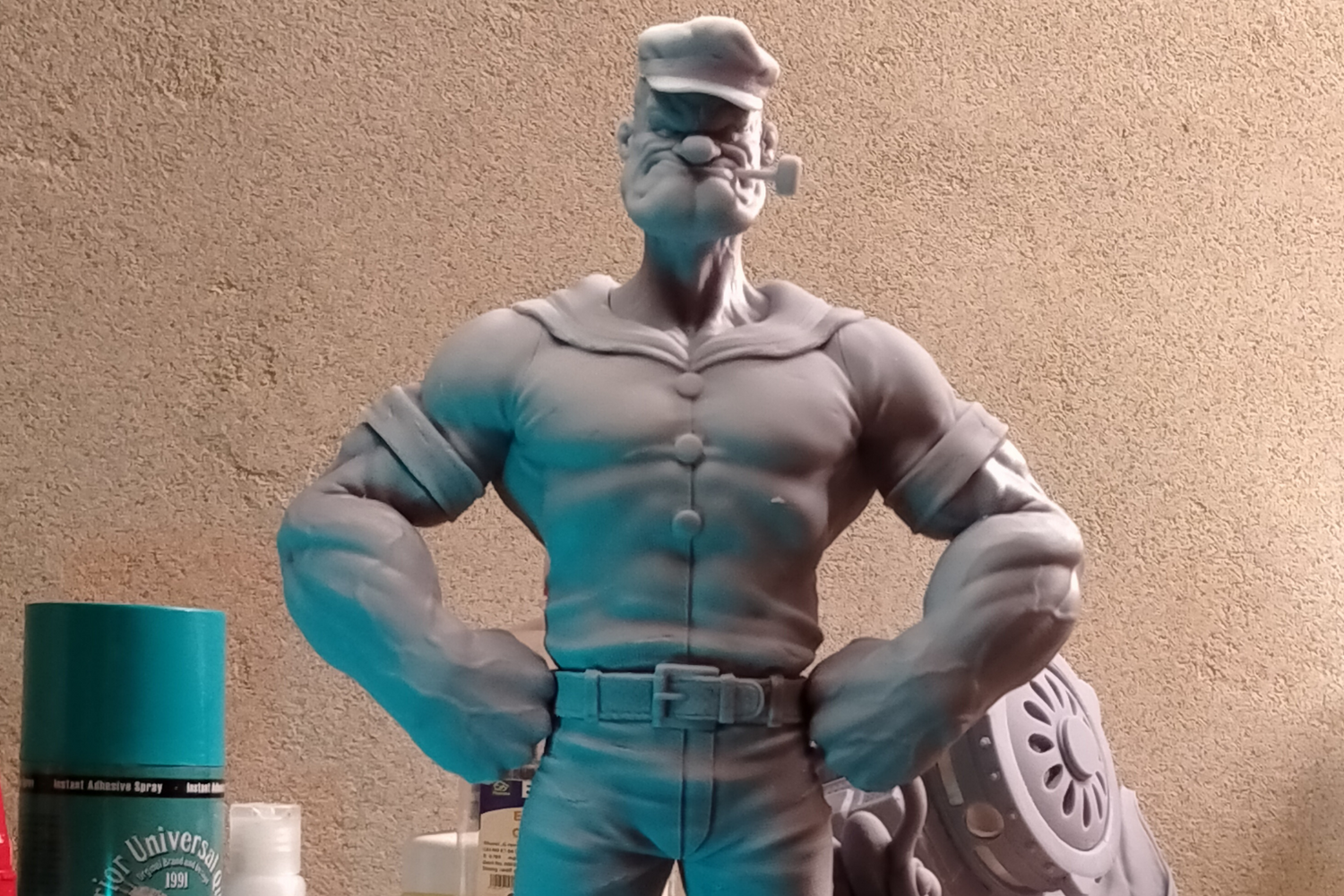 Large unpainted resin 3D printed Popeye figure prepared for hand painting.